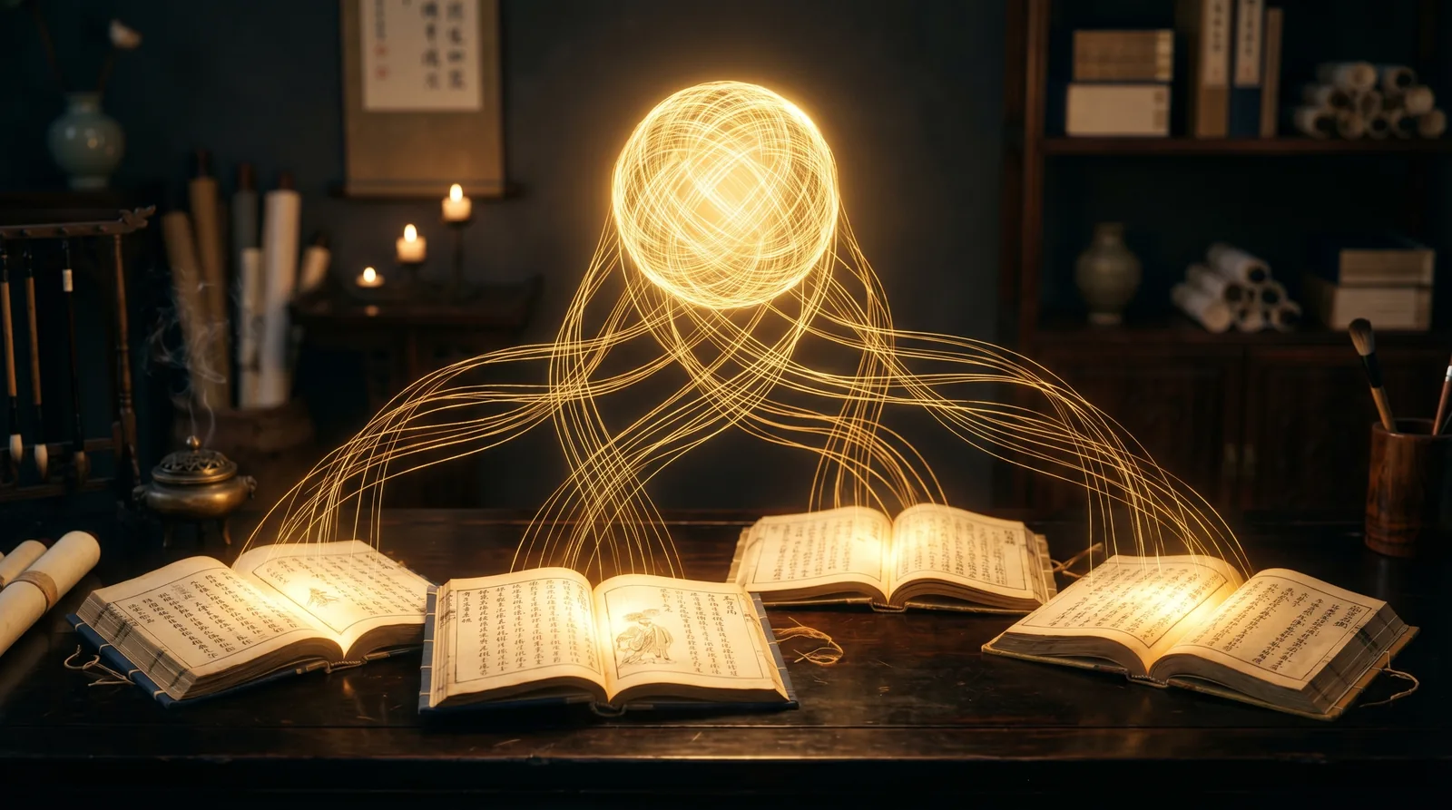 Four ancient classical books with golden threads weaving into a single luminous sphere