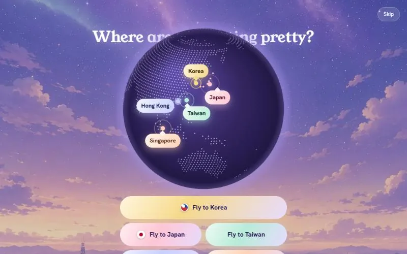 Hey Soram's first screen — Where are you getting pretty? Korea, Japan, Taiwan, Hong Kong, Singapore